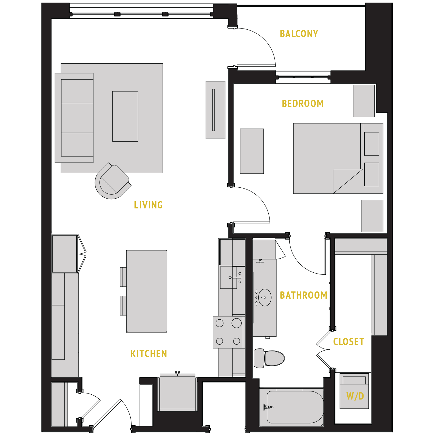 Floor plan for 1 bed, 1 bath, 768 sqft